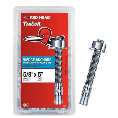 Red Head Wedge Anchor, 5/8" Dia., 5" L, Carbon Steel, 10 PK 12310